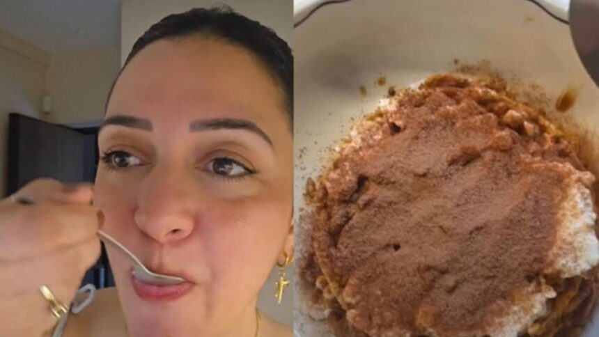 Nauheed Cyrusi tries viral rice cracker tiramisu