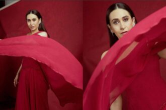 Hunterfly 2026 08 14 231042 Karisma Kapoor wearing a crimson Ridhi Mehra saree-gown with a dramatic drape