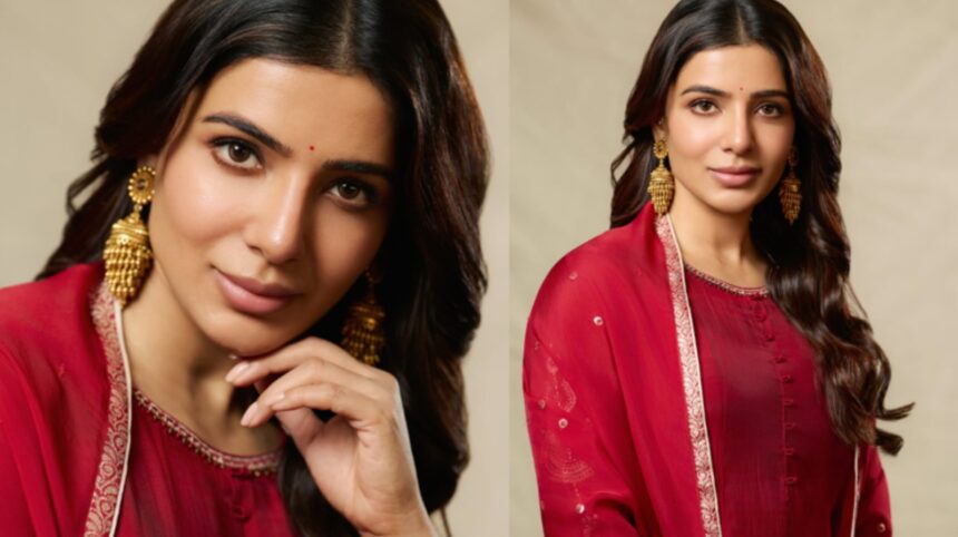Samantha Ruth Prabhu wearing a maroon ethnic maternity anarkali look