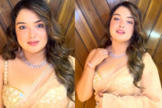 Amrapali Dubey poses at a Bhojpuri entertainment event