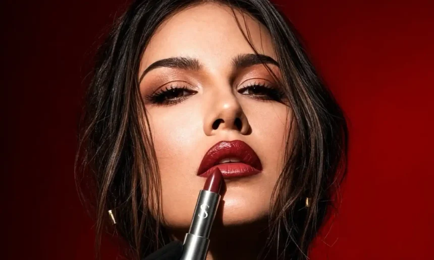 Sunny Leone wearing a deep crimson lipstick look for Starstruck by Sunny Leone