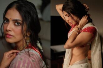 Hunterfly 2026 08 26 200631 Malavika Mohanan celebrates Onam with her family in a white tissue silk saree in Kerala