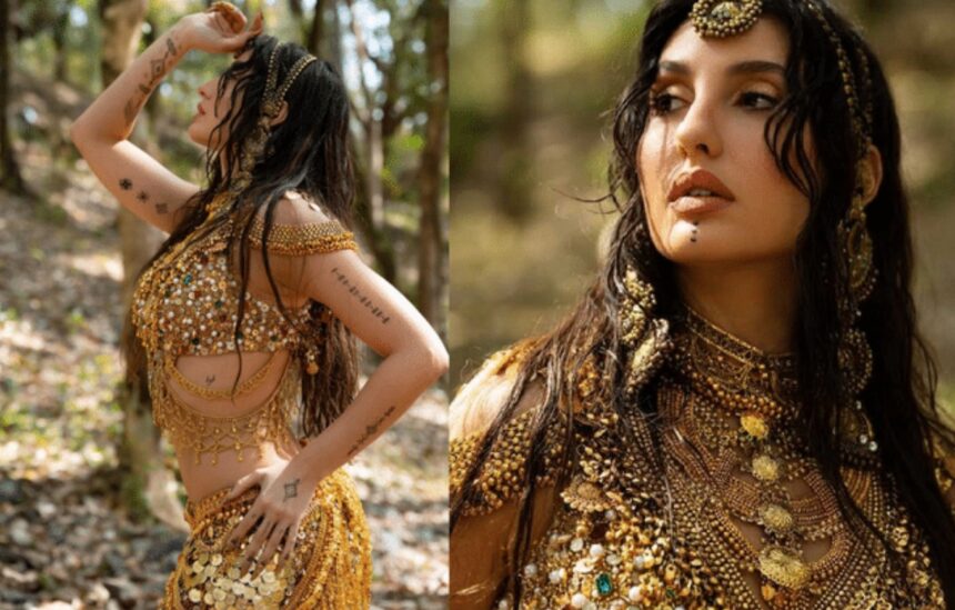 Hunterfly 26 08 01 144239 Model wearing layered golden tribal jewellery with bohemian-inspired accessories and traditional craftsmanship