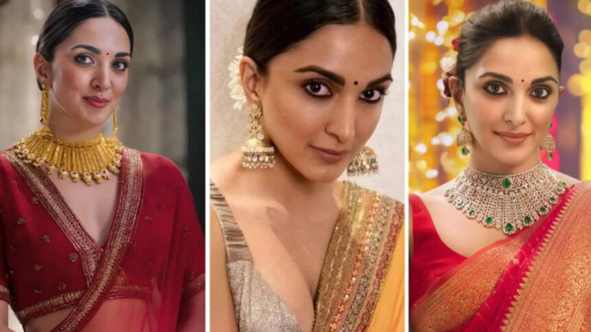 Kiara Advani-inspired festive ethnic fashion with sequinned sarees and embellished lehengas.