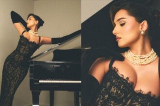 Tara Sutaria wearing a black lace gown with opera gloves and pearl jewellery