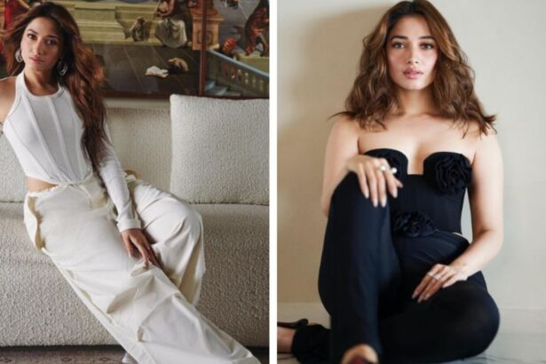 Tamannaah Bhatia in a stylish monochrome outfit during her OTT promotions