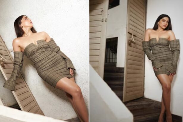 Sharvari Wagh wearing an off-shoulder checked mini dress