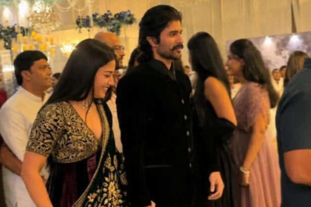 Hunterfly 26 08 26 181633 Rashmika Mandanna in wine and bottle-green Anarkali with Vijay Deverakonda