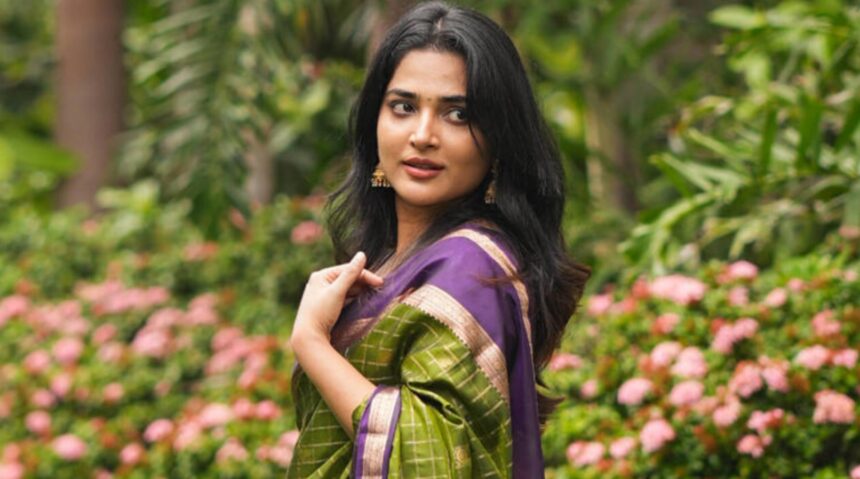 Actress Anagha celebrating Onam at home with traditional Kerala food and a pookalam