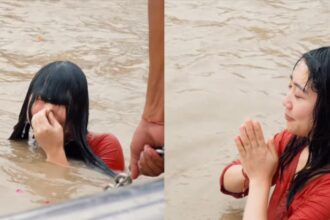 Japanese creator Mayo Japan takes her first holy dip in the Ganga at Haridwar.