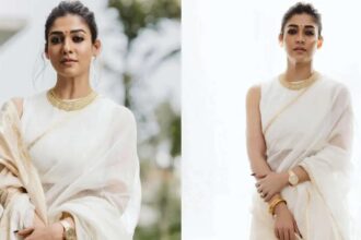 Hunterfly 26 08 28 152314 Nayanthara wearing an elegant ivory saree with a gold choker and traditional gajra.