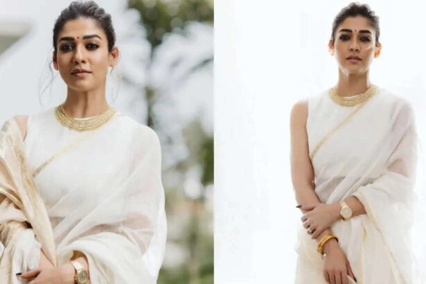 Nayanthara wearing an elegant ivory saree with a gold choker and traditional gajra.