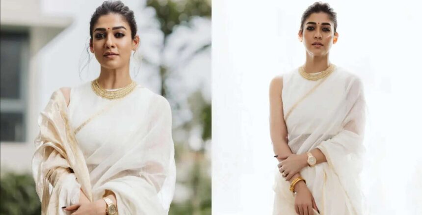 Hunterfly 26 08 28 152314 Nayanthara wearing an elegant ivory saree with a gold choker and traditional gajra.