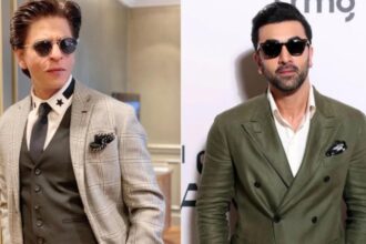 Shah Rukh Khan and Ranbir Kapoor during a Bollywood event discussing the title of Jab Harry Met Sejal.