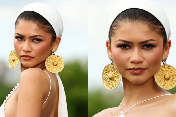 Zendaya wearing gold earrings at a London event for The Odyssey