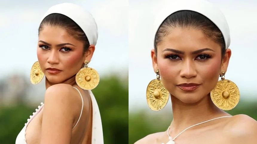 Zendaya wearing gold earrings at a London event for The Odyssey