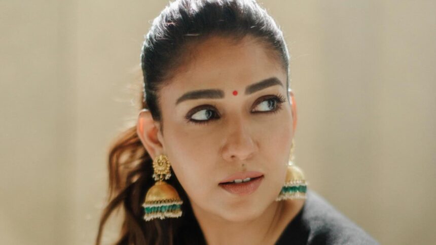 Hunterfly @nayanthara Nayanthara in a monochrome micro-check saree with gold jhumkas