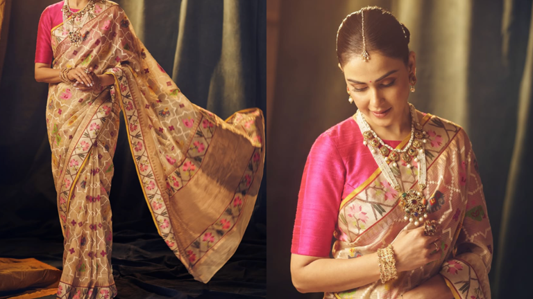 Hunterfly Beige Printed Saree 1. Beige Printed Saree with a Vibrant Silk Blouse