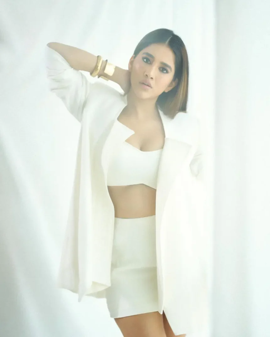 Nabha Natesh poses in an elegant all-white outfit during her latest photoshoot