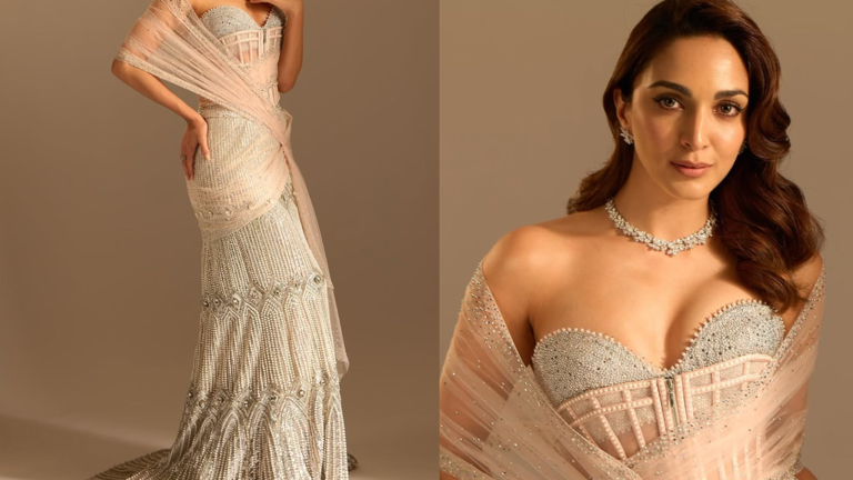 7. Pearl-Embellished Saree Gown