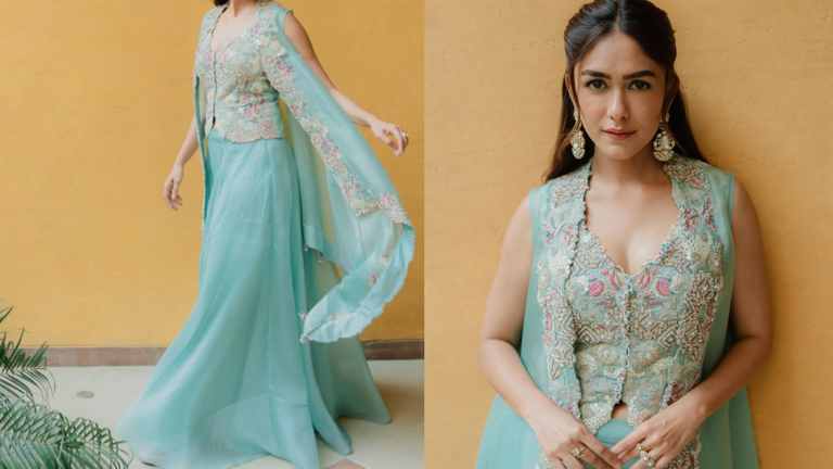 4. Powder Blue Jacket Ensemble: Contemporary Ethnic Dressing