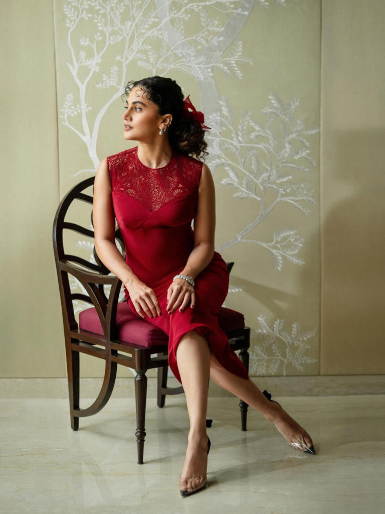 Hunterfly Taapsee Pannus birthday special1 1. Crimson Midi Dress: Timeless Elegance with a Modern Twist