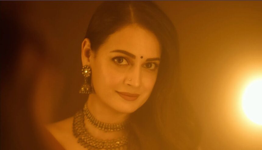 Dia Mirza wearing a handwoven Shruti Sancheti silk satin sari at the Operation Safed Sagar trailer launch
