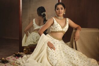 Hunterfly 026 09 02 105146 Anikha Surendran in an elegant white and gold lehenga for her Diwali celebration