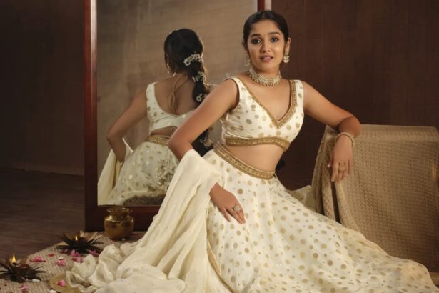 Anikha Surendran in an elegant white and gold lehenga for her Diwali celebration