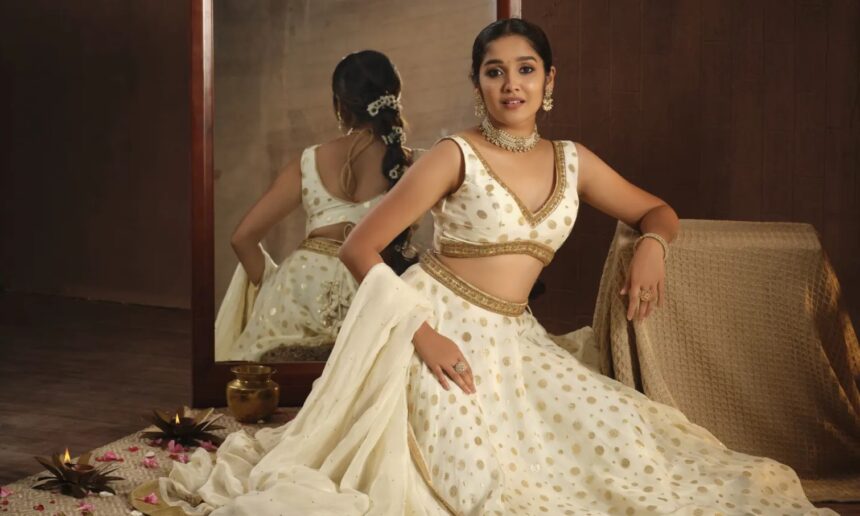 Anikha Surendran in an elegant white and gold lehenga for her Diwali celebration