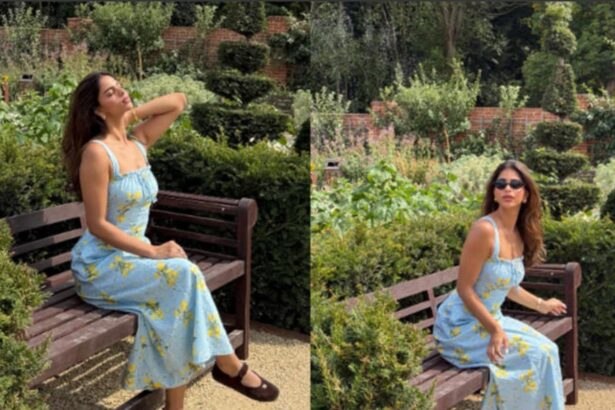Suhana Khan-inspired summer fashion look featuring a powder-blue floral dress with delicate accessories