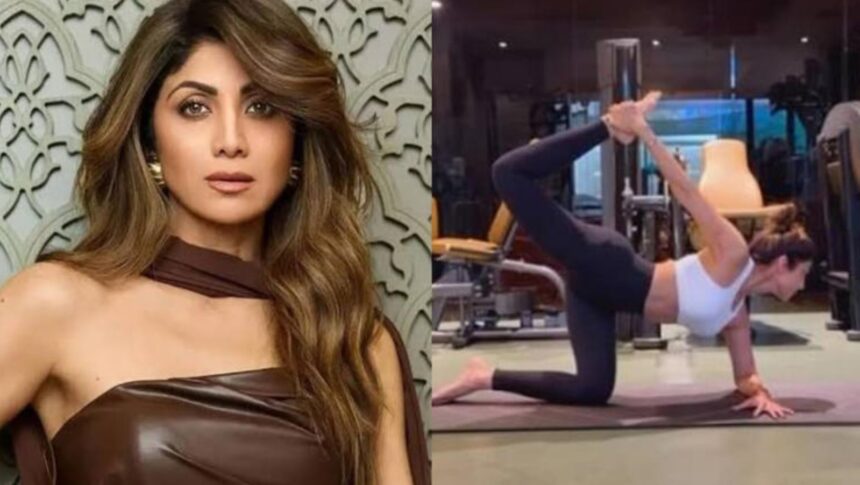 Shilpa Shetty demonstrates Tiger Pose during her yoga routine
