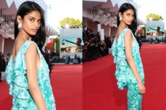 Bhavitha Mandava wears a shimmering Chanel aqua mermaid dress at Venice Film Festival