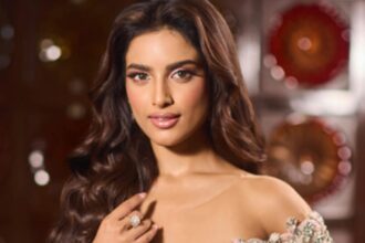 Nikita Porwal in a blush pink floral gown at Miss World 2026