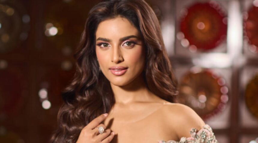 Nikita Porwal in a blush pink floral gown at Miss World 2026