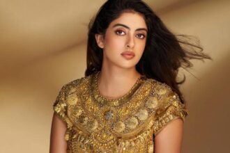 Hunterfly 026 09 08 203241 Navya Naveli Nanda wears an ornate antique gold mini dress by Abu Jani Sandeep Khosla