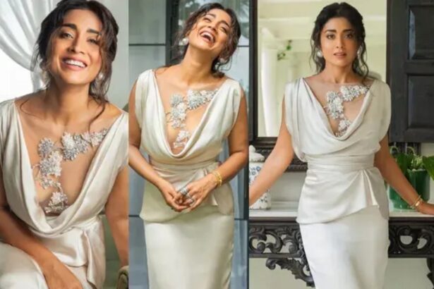 Hunterfly 026 09 11 080630 Shriya Saran poses in an elegant white dress with statement pearl earrings
