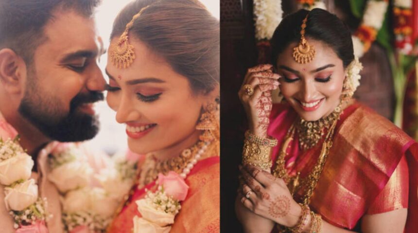 Aishwarya Devan and Avinash Somasekharan at their traditional wedding