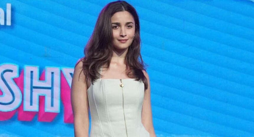 Alia Bhatt in a beige corset top and flared pants at the Don’t Be Shy trailer launch
