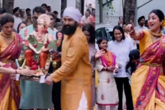 Shilpa Shetty dances with Raj Kundra and children during Ganpati visarjan