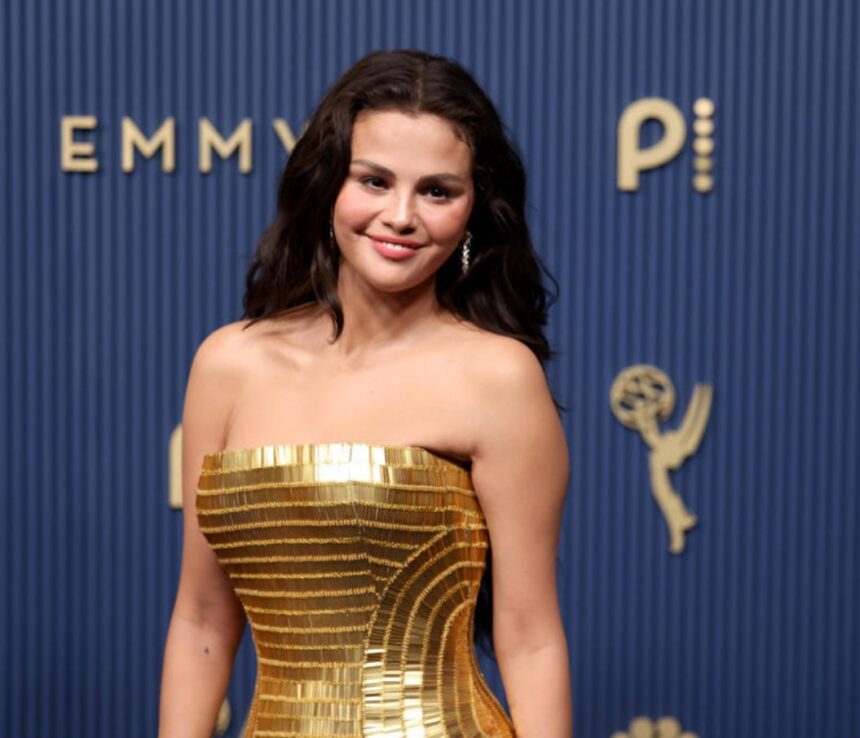 Hunterfly 026 09 15 232643 Selena Gomez wears a gold Louis Vuitton gown at the 2026 Emmy Awards