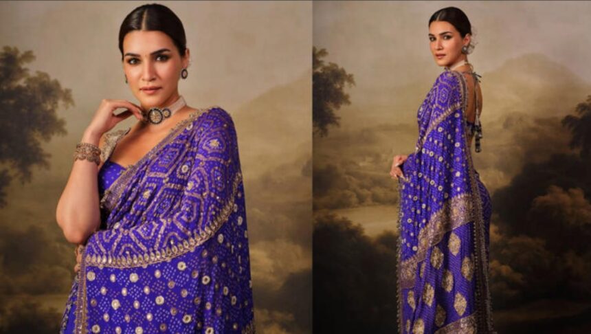 Kriti Sanon wearing a royal blue Bandhani saree with pearl jewellery at Ganesh Chaturthi celebrations