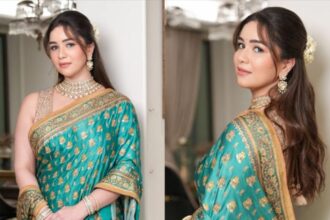 Sara Tendulkar in a Tiffany blue Ritu Kumar saree for Ganesh Chaturthi
