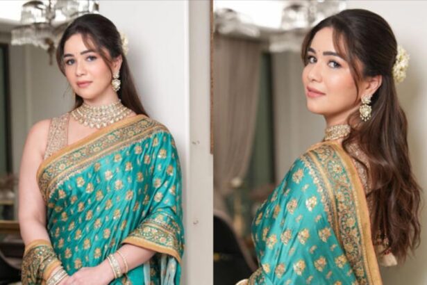 Sara Tendulkar in a Tiffany blue Ritu Kumar saree for Ganesh Chaturthi