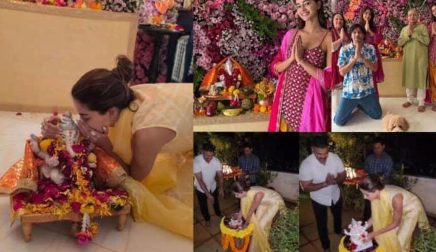 Hunterfly 026 09 17 110048 Ananya Panday performs Ganpati visarjan at home in a yellow suit