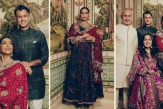 Sonam Kapoor in a navy Anarkali and red Bandhej dupatta for Ganesh Chaturthi