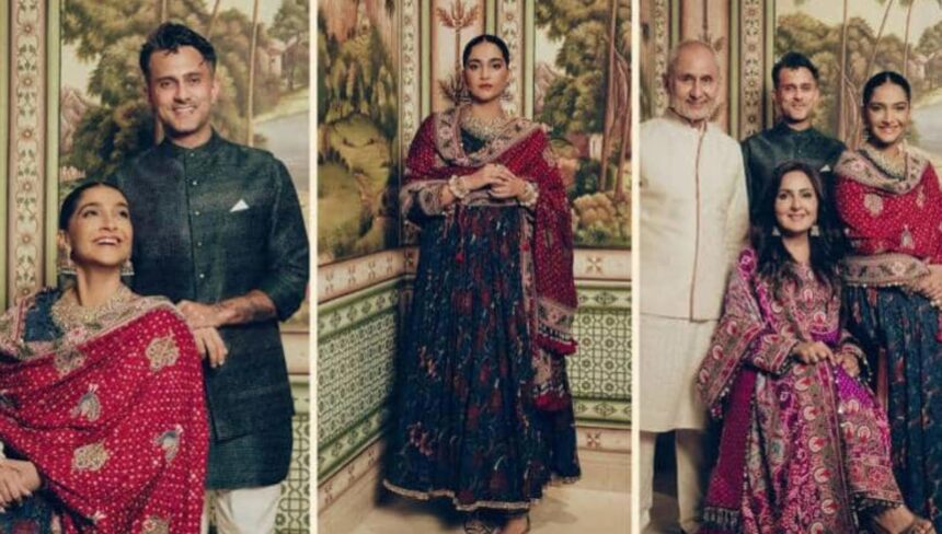 Hunterfly 026 09 17 114415 Sonam Kapoor in a navy Anarkali and red Bandhej dupatta for Ganesh Chaturthi