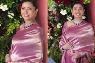 Pregnant Mahira Khan flaunts her baby bump in a pink satin saree