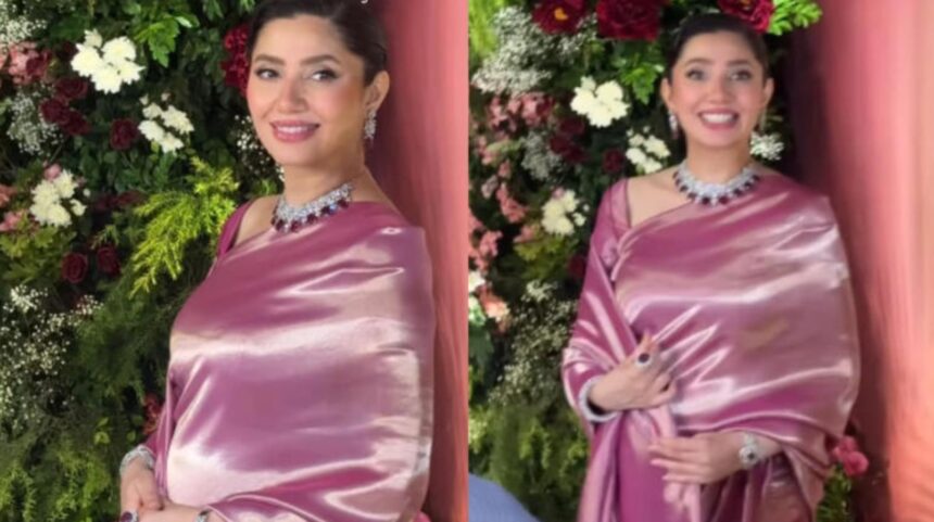 Pregnant Mahira Khan flaunts her baby bump in a pink satin saree