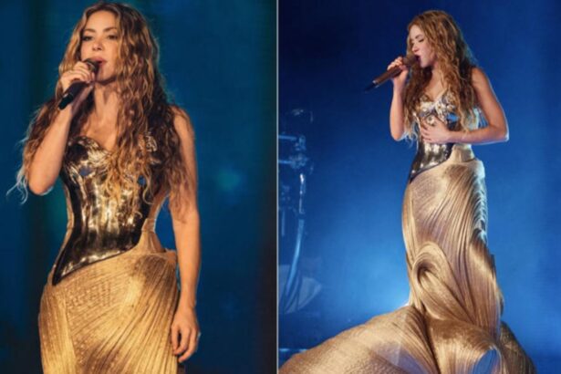 Shakira wears Gaurav Gupta she-wolf brass breastplate and Banarasi silk skirt